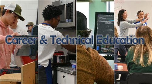 Career and technical education graphic with students and a teacher working in various CTE courses